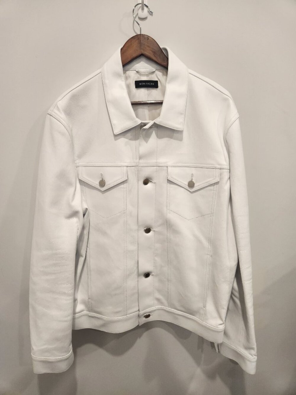 Monfrère Dean Leather Trucker Jacket Blanc White Nordstrom Garment Bag XXL